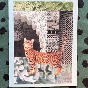 Collage Cat Notecard: Green Geometric Patterns, Blank Inside (Light Brown Envelope)