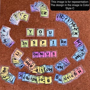 May include: A collection of colorful periodic table element stickers spelling out "YOU INSPIRE". The stickers are arranged on a corkboard, with each element's symbol, name, and atomic number visible. The image includes the text: "This image is for representation: The design in the image is Color Style C."