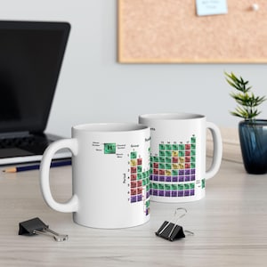 May include: Two white ceramic mugs displaying a colourful periodic table design. The mugs feature chemical elements, symbols, and atomic numbers. One mug is in front of the other, both on a light-coloured surface.
