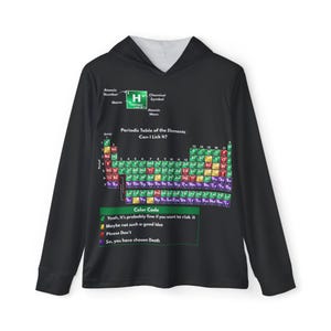 May include: Black hoodie with a periodic table design and the text "Can I Lick It?" and a colour code indicating the safety of licking each element. The hoodie also displays the chemical symbol for Hydrogen.