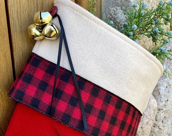 Hand-Sewn Wool Christmas Stocking: Buffalo Plaid on Bright Red Stocking Personalized CLOSEOUT Sale