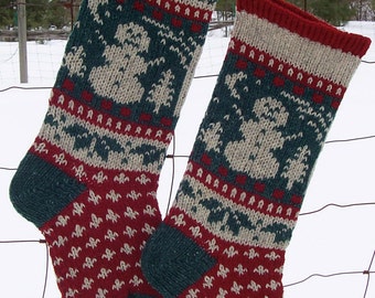 May include: Two knitted Christmas stockings with a snowman design in red, white, and green. The stockings are hanging on a wire fence.