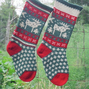 Peut inclure: Deux chaussettes de Noël en tricot vert, rouge et blanc avec un motif de renne accrochées à une clôture en fil de fer.