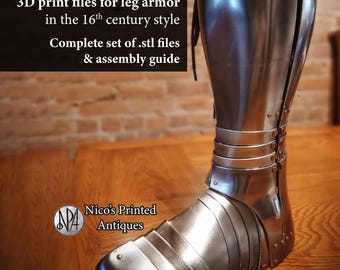May include: A polished metal greave and sabaton, part of a 16th-century style leg armor set. The image shows a complete leg piece, including the shin and foot protection, with visible rivets and articulated plates. The product is from Nico's Printed Antiques.