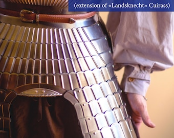 May include: Close-up of a metallic, segmented waist armor, part of a 16th-century Maximilian style cuirass. The armor is secured with a brown leather belt. Text on the image reads "«Landsknecht» Tassets 3D print files for waist armor in the 16th century Maximilian style".