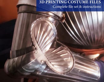 May include: Close-up of polished metal vambraces, part of a suit of armor. The image features the text "«Maximilian» Vambraces 3D PRINTING COSTUME FILES Complete file set & instructions" and the logo "Nico's Printed Antiques". The armor has intricate details and a reflective surface.