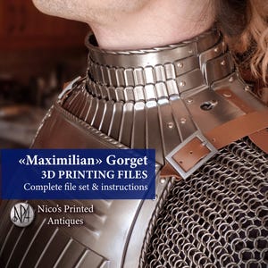 May include: A close-up of a silver-colored gorget, part of a suit of armor, with a leather strap and buckle. The text on the image reads "Maximilian Gorget 3D PRINTING FILES Complete file set & instructions" and the logo for Nico's Printed Antiques.