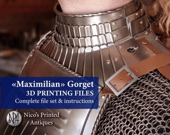 May include: A close-up of a silver-colored gorget, part of a suit of armor, with a leather strap and buckle. The text on the image reads "Maximilian Gorget 3D PRINTING FILES Complete file set & instructions" and the logo for Nico's Printed Antiques.