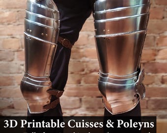 May include: Shiny, metallic 3D-printed cuisses and poleyns, designed in a 16th-century style. The image shows the armor on a person's legs, with visible buckles and straps. The text reads "3D Printable Cuisses & Poleyns" and "Nico's Printed Antiques."