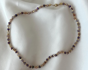 Purple Gemstone Beaded Choker Necklace Bracelet Set: Handmade Gold Jewelry