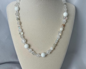 White Crackle Agate Beaded Jewelry Set: Handmade Crystal Glass Quartz Necklace