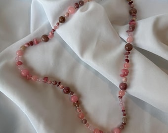 Pink Gemstone Beaded Necklace Bracelet: Quartz, Rhodonite & Sunstone Boho Jewelry