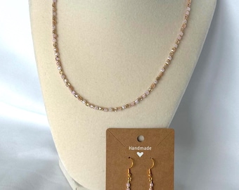 Pink & Gold Beaded Jewelry Set: Necklace, Bracelet, Earrings
