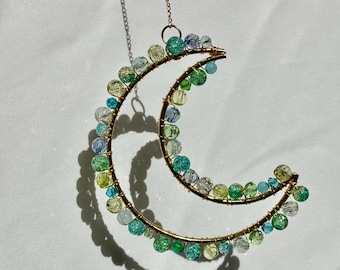 Handmade Crescent Moon Suncatcher | Green and Blue Beaded Hanging Sun Catcher | Crystal Moon Window Decor | Boho Home & Patio Gift