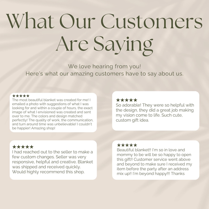 May include: A graphic display titled What Our Customers Are Saying with the subtitle We love hearing from you! Here's what our amazing customers have to say about us. It features four white rectangular boxes containing five-star reviews.