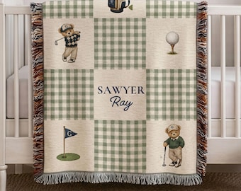Personalized Golf Teddy Woven Blanket, Baby Name Blanket, Golf Nursery Decor, Newborn Boy Gift, Personal Baby Gift