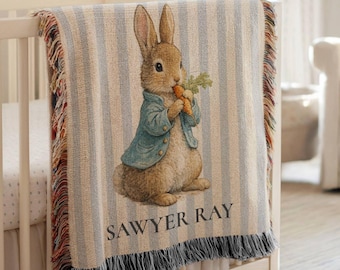 Personalized Storybook Bunny Woven Blanket, Peter Rabbit Inspired Baby Blanket, Bunny Nursery Decor, Custom Baby Name Keepsake