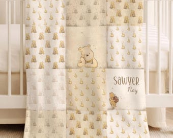 Classic Winnie the Pooh Baby Blanket, Quilt Inspired Personalized Blanket, Custom Name Baby Shower Gift, Vintage Nursery Keepsake Blanket