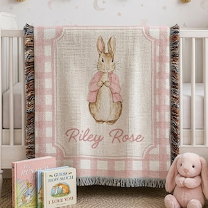 Personalized Peter Rabbit Baby Girl Woven Blanket, Pink Gingham Bunny Nursery Blanket, Custom Name Storybook Keepsake Gift
