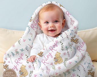 Personalized Winnie the Pooh Baby Blanket, Custom Name Blanket, Baby Shower Gift, Soft Plush Fabric