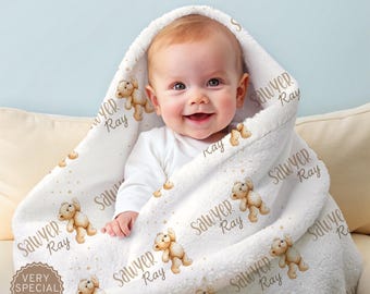 Personalized Teddy Bear Blanket, Bear Baby Blanket, Baby Shower Gift, Custom Teddy Bear Nursery Decor, Gender Neutral, New Baby Gift for boy