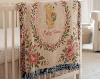 Personalized Classic Pooh Floral Woven Blanket, Baby Girl Nursery Keepsake, Storybook Winnie Bear Baby Blanket, Custom Name Gift
