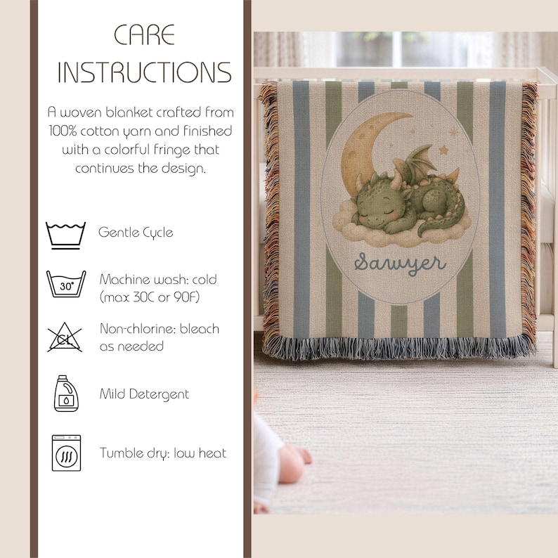 May include: A woven blanket featuring a green dragon sleeping on a cloud under a crescent moon with the name Sawyer printed below. The blanket has vertical blue and green stripes and a multicolored fringe edge, accompanied by care instructions.
