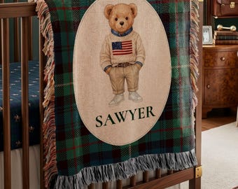 Personalized Plaid Polo Teddy Bear Woven Baby Blanket, Baby Boy Gift, Baby Shower Gift, Custom Name Blanket