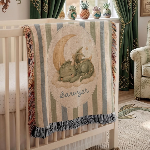 Personalized Sleeping Dragon Baby Blanket, Custom Dragon Nursery Blanket, Fantasy Baby Name Blanket, Storybook Dragon Baby Gift