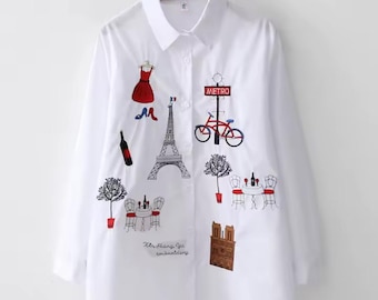 Camisa blanca bordada de París, blusa de viaje francesa