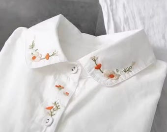 Hand Embroidered White Cotton Blouse, Vintage Floral Collar