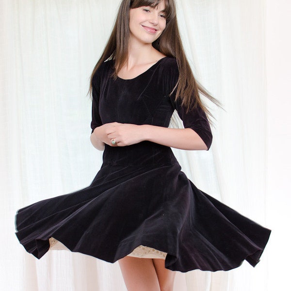 Vintage 1950s Dress - Black Velvet Full Skirt Dress - XS / S