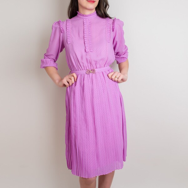 On hold - Purple Polka Dot Dress - Vintage 1970s Ruffle Dress with Butterfly Belt - s / m