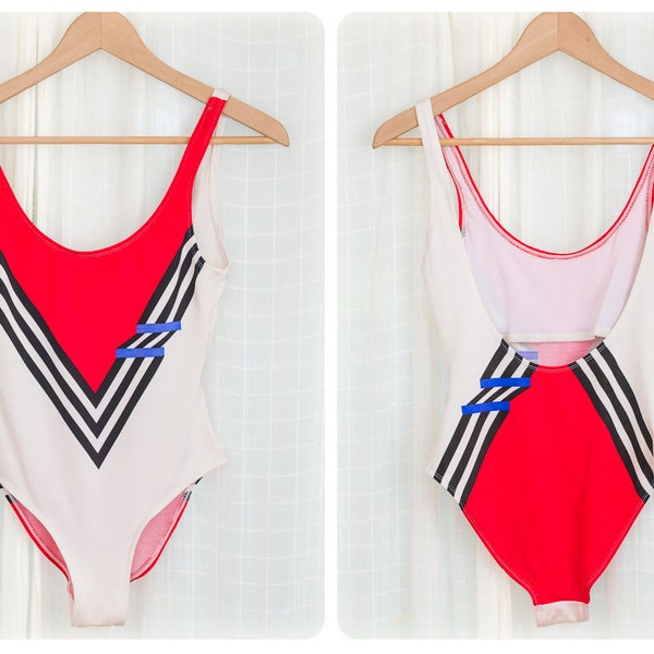 1980s Swimsuit - Red White and Blue Geometric One Piece Swimsuit - S