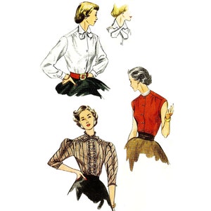 Könnte beinhalten: Illustration von Vintage-Damenblusen. Das Bild zeigt drei verschiedene Blusen-Designs: eine weiße Knopfleiste mit Schleife, ein rotes ärmelloses Top und eine gestreifte Bluse mit Rüschen vorne. Jede Bluse wird mit einem Rock kombiniert.