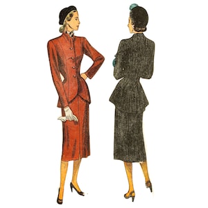 Könnte beinhalten: Illustration von zwei Frauen in Vintage-Anzügen. Eine Frau trägt einen roten Anzug mit passendem Rock, einen schwarzen Hut und Handschuhe. Die andere Frau trägt einen schwarzen Anzug mit passendem Rock und einen schwarzen Hut mit blauem Akzent. Beide tragen Absätze.