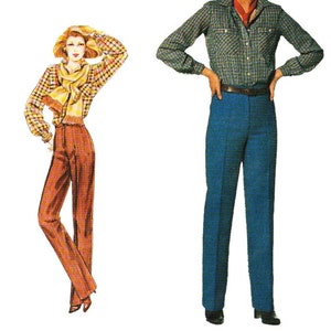 Peut inclure: Illustration de deux figures en mode vintage. L'une porte une chemise à carreaux, un pantalon bleu et une écharpe rouge. L'autre porte une chemise à carreaux, une écharpe et un pantalon marron. Les deux portent des pantalons taille haute.
