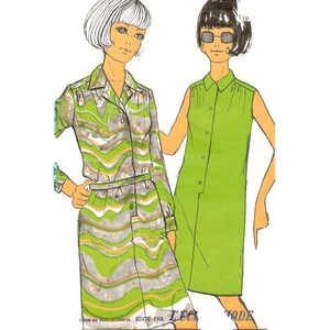 Op de afbeelding: Illustratie van twee vrouwen in vintage kleding. Eén draagt een button-down jurk met lange mouwen met een groen, grijs en oranje golvend patroon. De ander draagt een mouwloze, effen groene button-down jurk. Beide hebben kort haar.