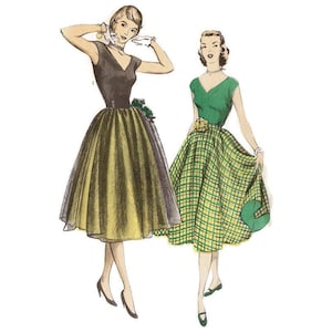 Puede incluir: Ilustración de moda vintage con dos mujeres con vestidos. Uno es negro y dorado, el otro a cuadros verdes y amarillos. Ambos vestidos tienen corpiño con cuello en V y falda amplia. La ilustración es de estilo retro.