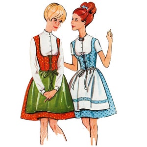 May include: Illustration of two women in traditional German dirndl dresses. One dress is red and green with a white blouse, the other is blue and white with a white blouse. Both dresses have aprons and are styled in a vintage fashion.