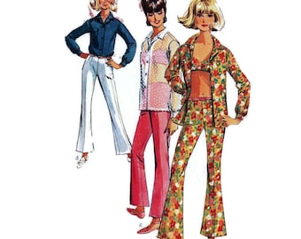 1960s Bellbottom Pants, Shirt, Bra Top Pattern, Simplicity 6501, Size 10, VFG