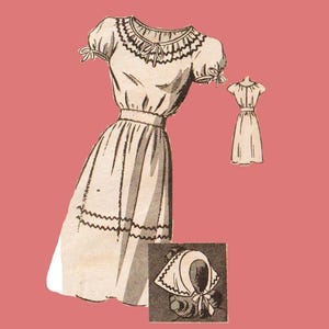 May include: An illustration of a vintage dress with a ruffled neckline, short sleeves, and a fitted waist. A smaller version of the dress and a bonnet are also shown. The dress is cream-colored with black detailing, set against a pink background.