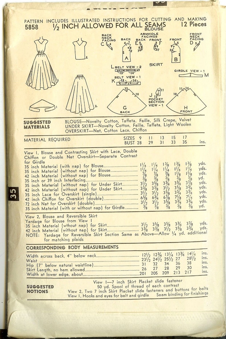 Puede incluir: Patr&oacute;n de costura vintage para blusa y falda, con instrucciones ilustradas y diagramas. Incluye requisitos de material y medidas corporales en cm. N&uacute;mero de patr&oacute;n 5858.