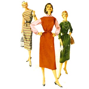 May include: A vintage illustration featuring three women in dresses. The dresses are in different styles and colours, including a striped dress, a rust-coloured dress with pink sleeves, and a green dress. Each woman wears heels and carries a handbag.