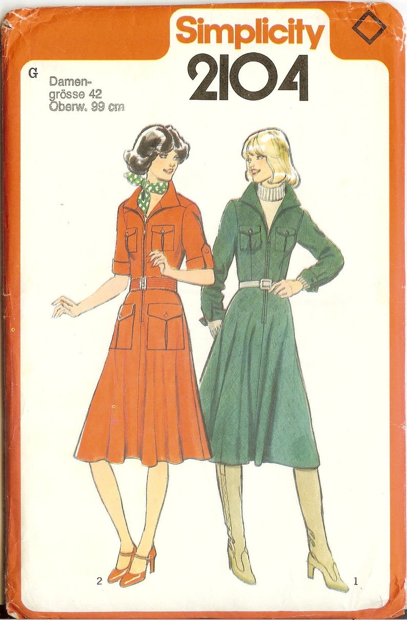 1970s Zip Front Dress Sewing Pattern Simplicity 2104 B39 Etsy