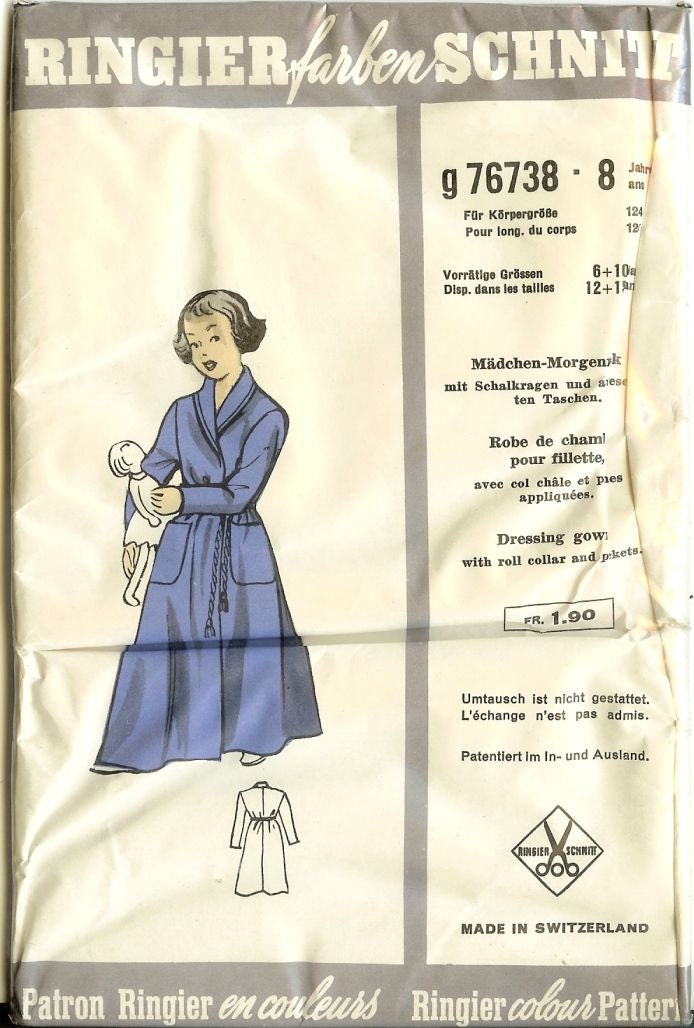 1950s Childs Dressing Gown Robe Pattern Ringier 76738 for 8 Years Old