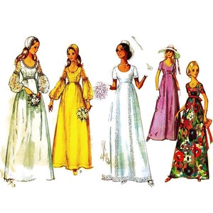 Può includere: Illustrazione di cinque modelli di abiti da sposa vintage. Gli abiti sono in vari colori, tra cui bianco, giallo e motivi floreali. Ogni modello presenta diversi stili di maniche e scollature, con bouquet.
