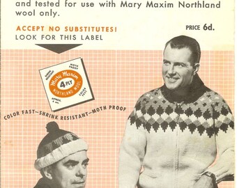 1950s Mary Maxim Mens Sweater or Cardigan Knitting Pattern Sun Valley No. 487 VFG