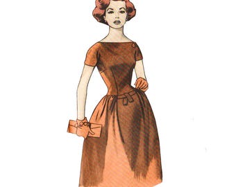 1950s Full Skirt Dress Sewing Pattern, Bateau Neckline (B36)