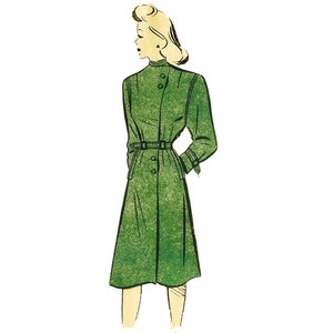 Könnte beinhalten: Illustration eines grünen Vintage-Kleides mit Gürtel in der Taille und Knopfleiste vorne. Das Kleid hat lange Ärmel und einen hohen Kragen. Die Illustration zeigt eine Frau im Profil mit blonden Haaren.